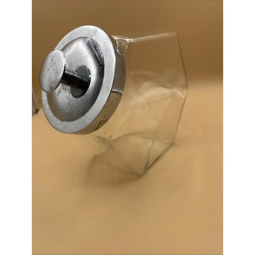 Vintage Clear Glass Café Diner Tilt Slant Angled Donut Cookie Jar w Plastic Lid